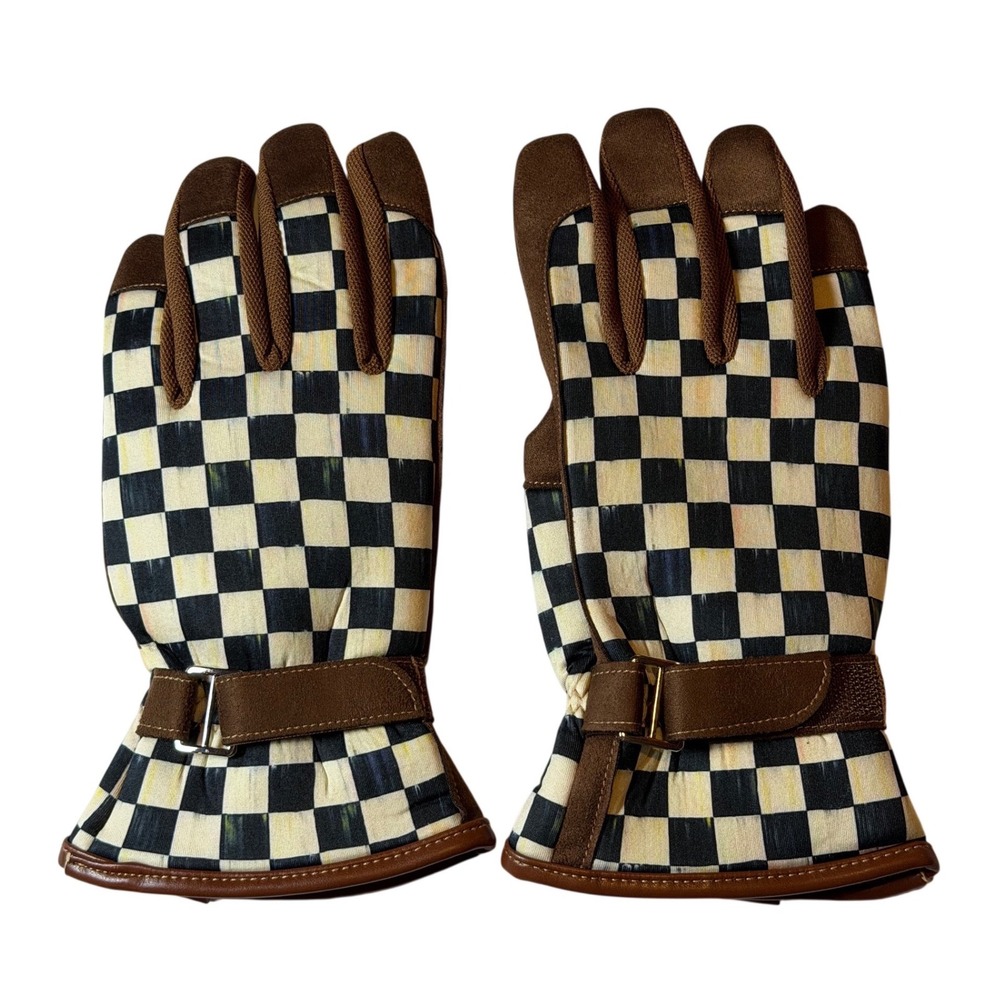 MacKenzie-Childs Courtly Check Garden Gloves Black Tan Brown Patterned One Size
